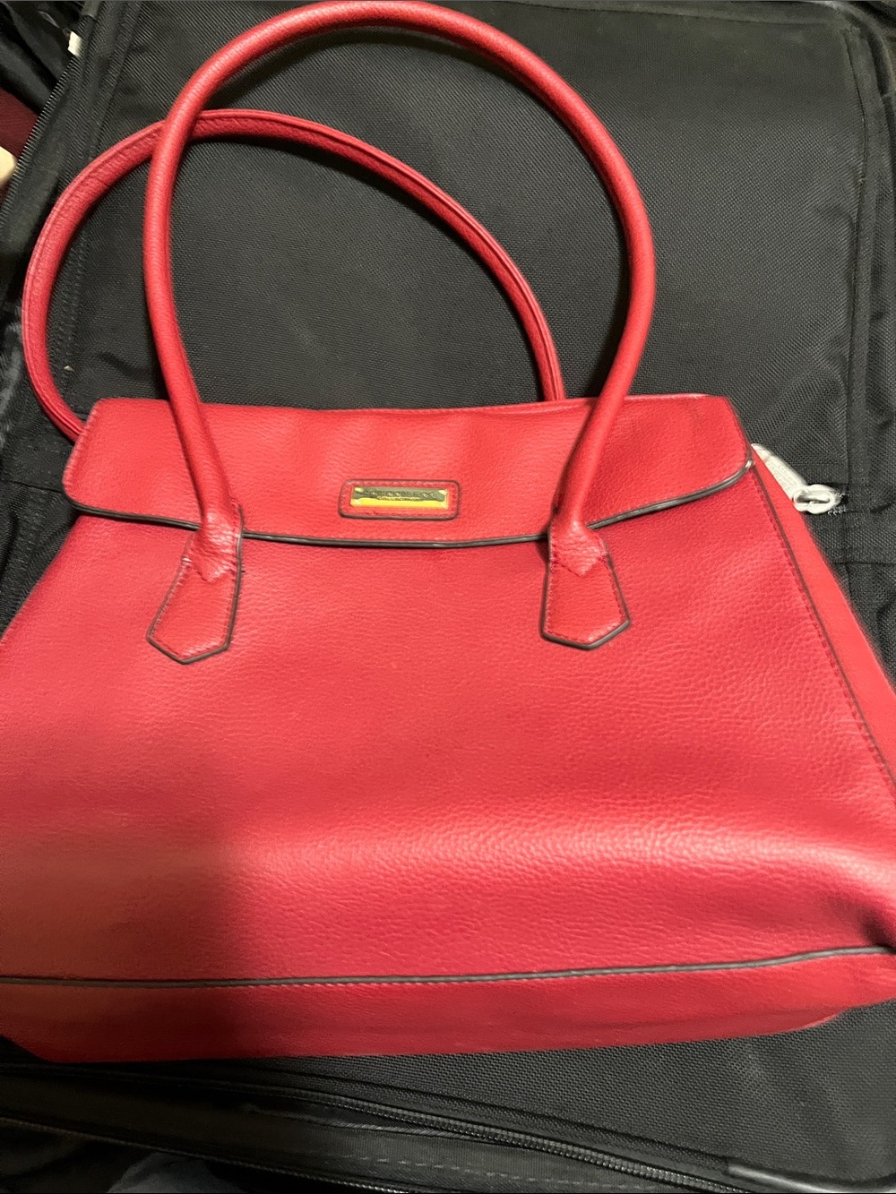 Red Structured Tote Bag with Gold Plaque by London Fog